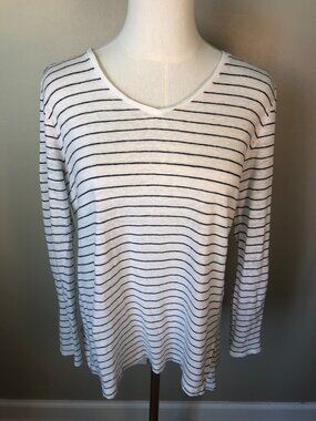 Eileen Fisher 100% Organic Linen White & Navy Stripe VNeck Long Sleeve Tee Sz M